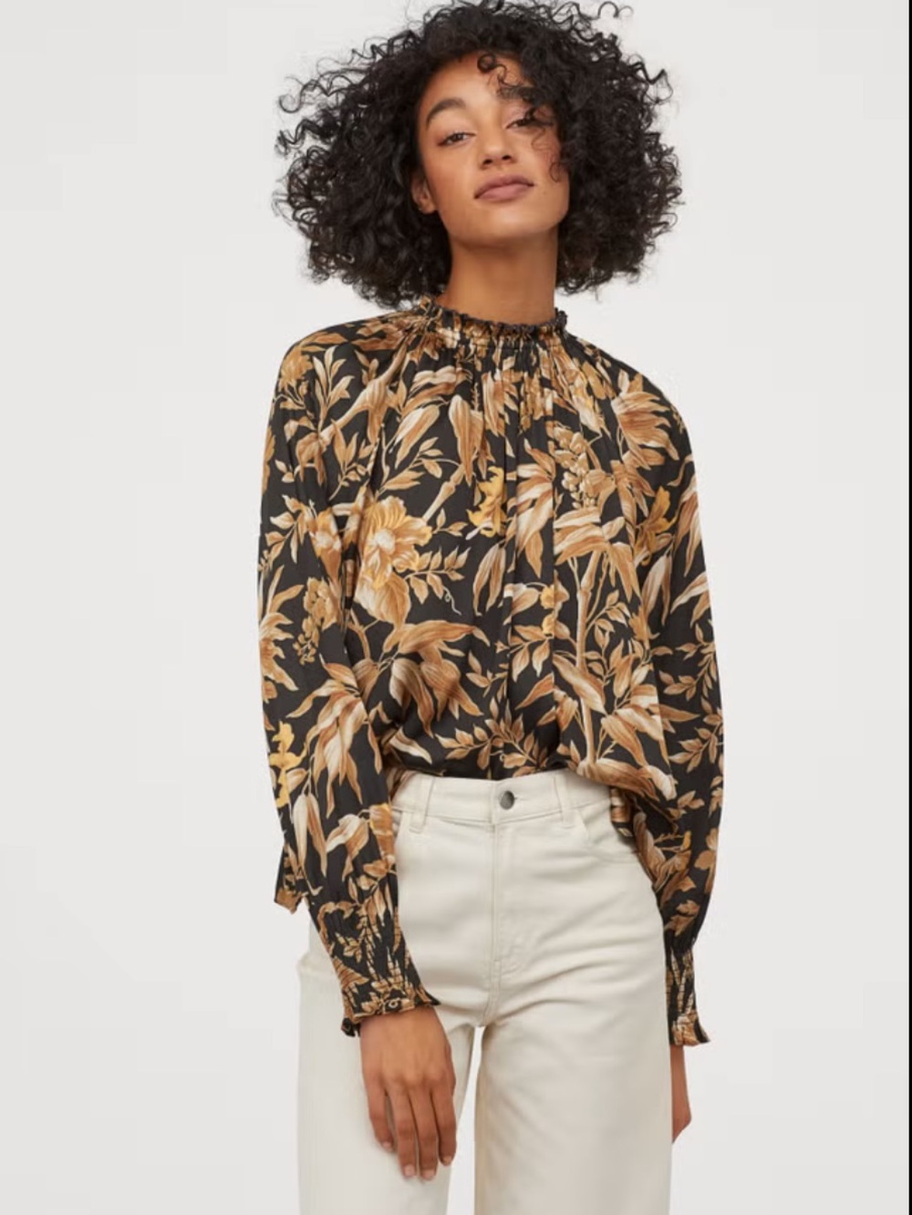 H&M Amber Satin Floral Mockneck Blouse Ruffle Neck Long Sleeve Romantic Chic Top